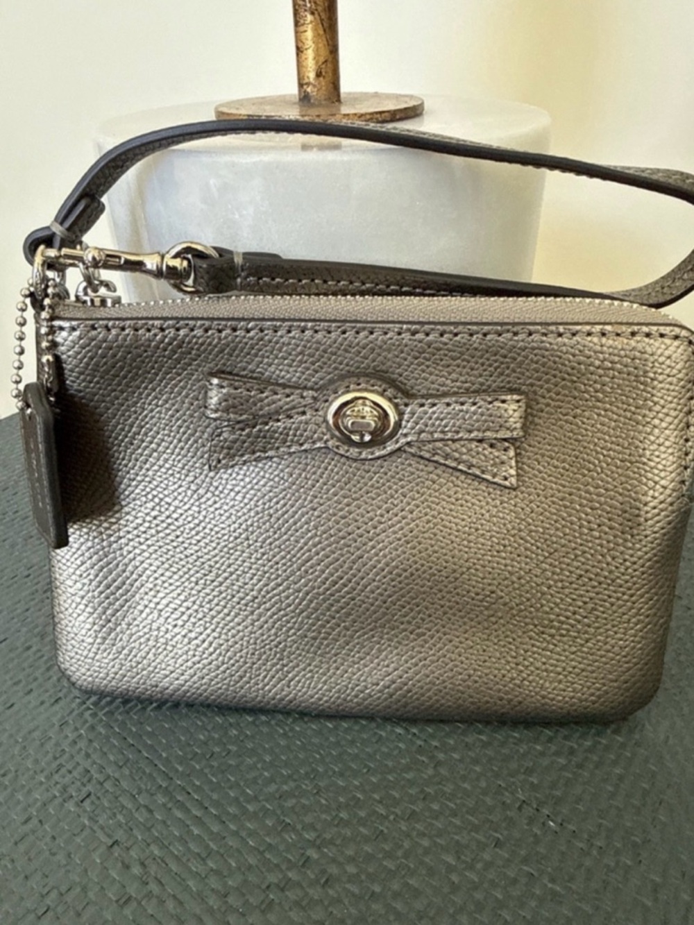 Coach Metallic Pewter Leather Wristlet with Bow Accent